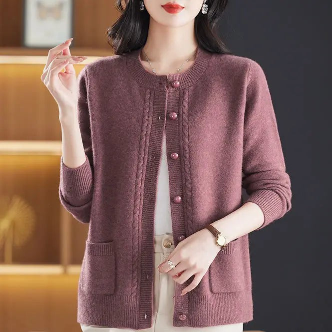 Purple cable-trim button cardigan