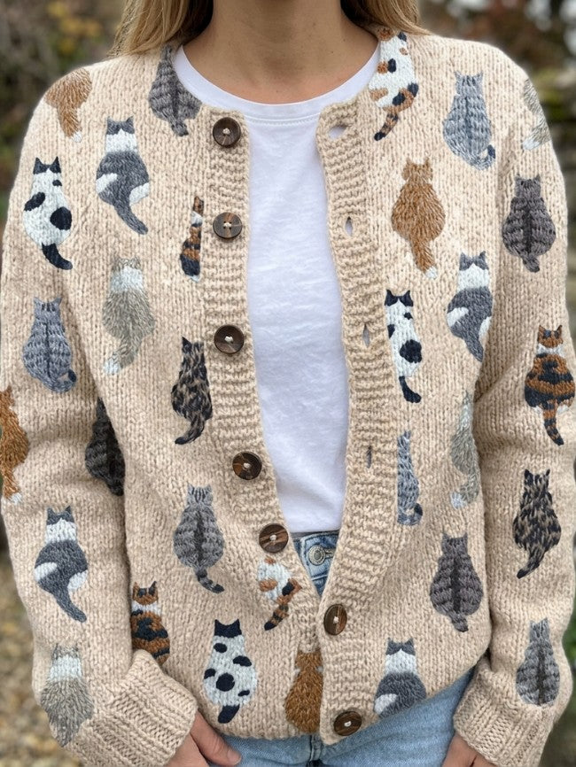 Beige cat-motif button cardigan