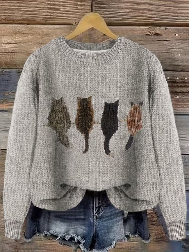 Grey cat motif knit jumper