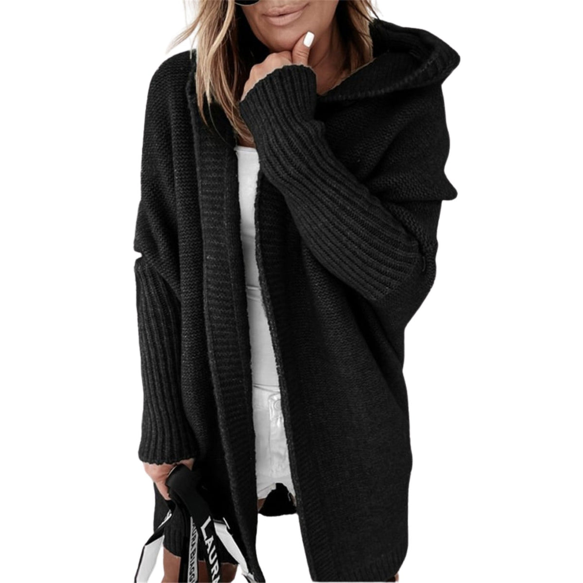 Black chunky hooded open cardigan