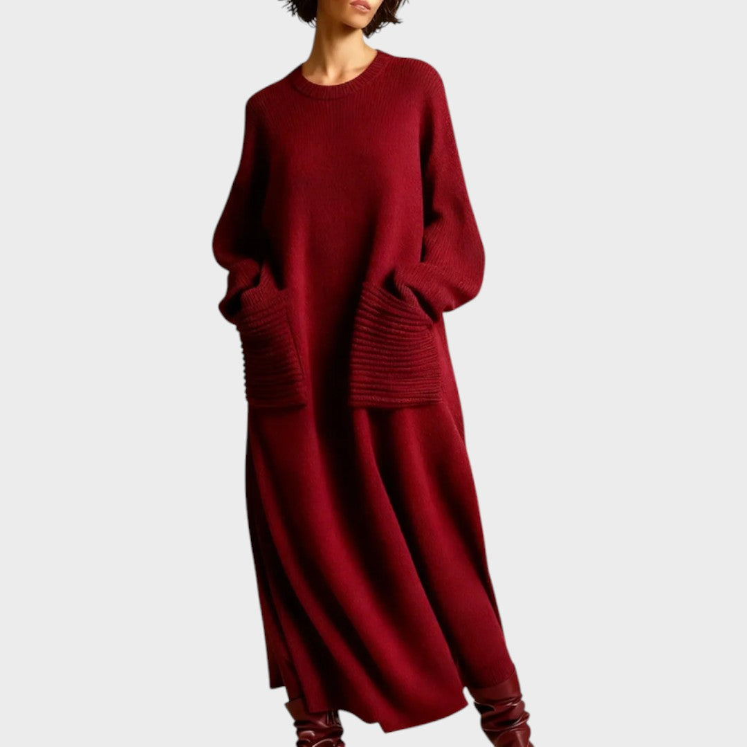 Burgundy chunky knit patch-pocket midi dress