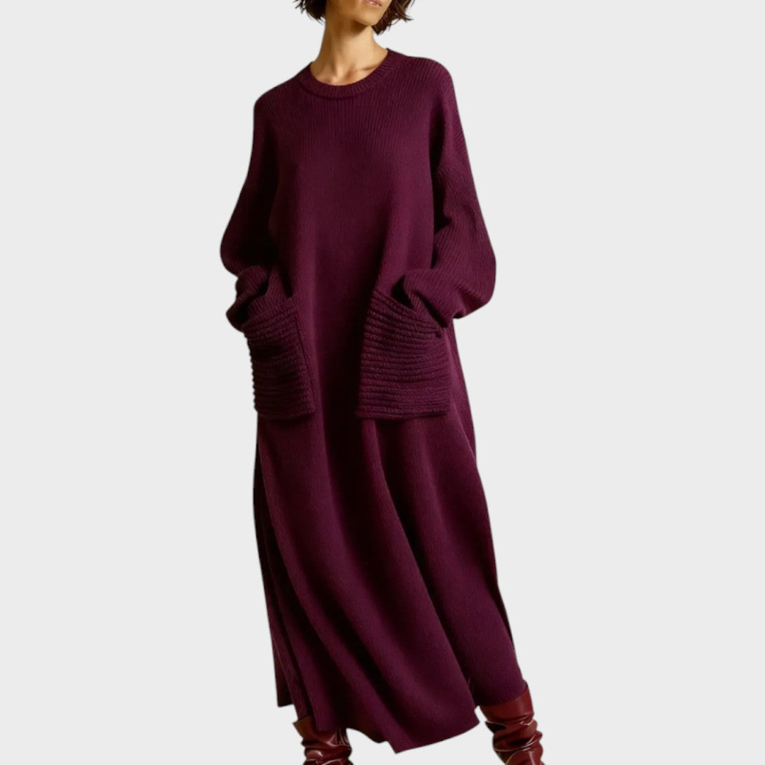 Purple chunky knit patch-pocket midi dress