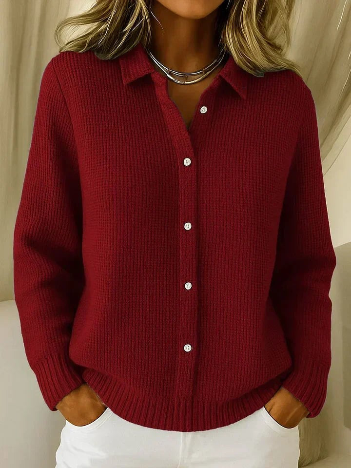 Dark Red collared button-front cardigan