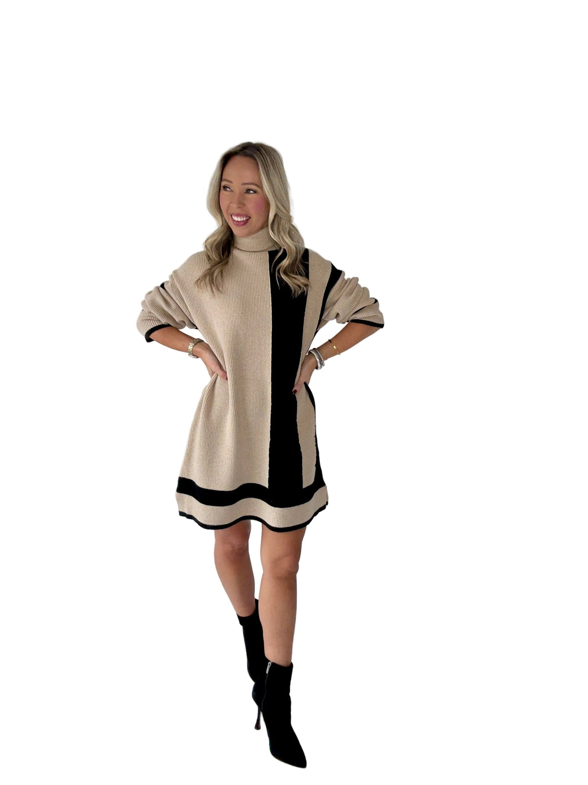 Contrast roll neck jumper dress