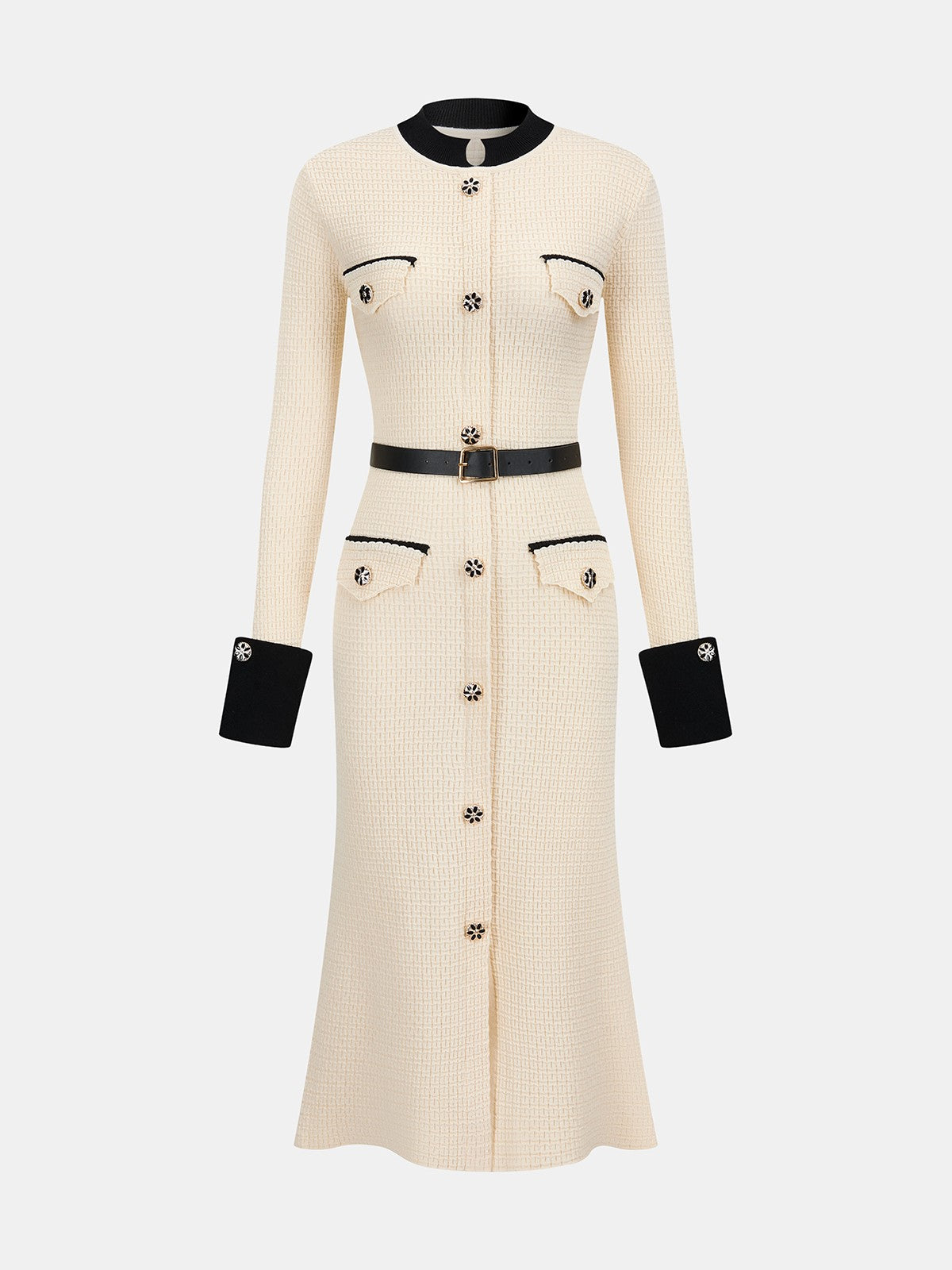 Apricot contrast-trim button-front knit midi dress