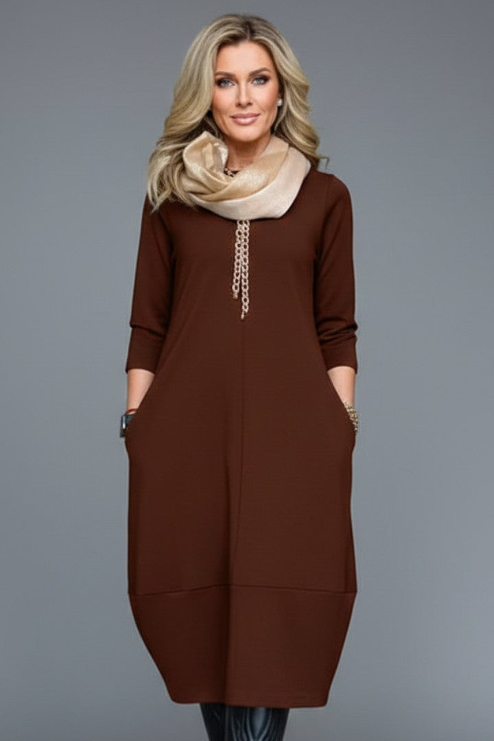 Brown cowl neck cocoon midi dress