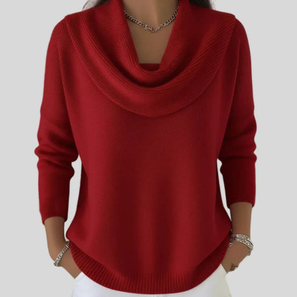 Red cowl-neck knit jumper