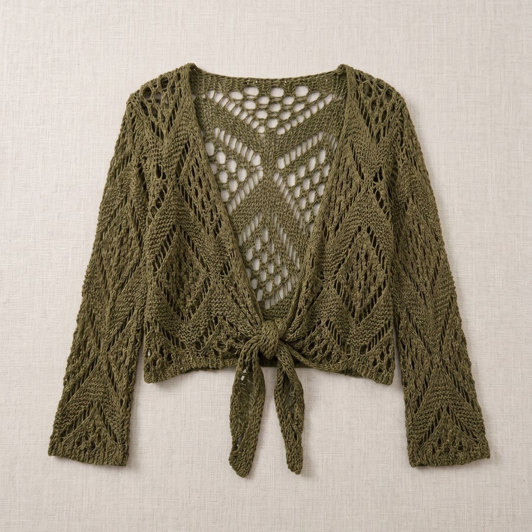 Military Green crochet tie-front shrug