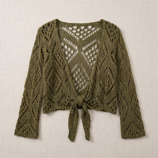 Military Green crochet tie-front shrug