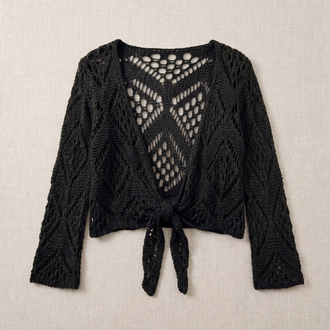 Black crochet tie-front shrug