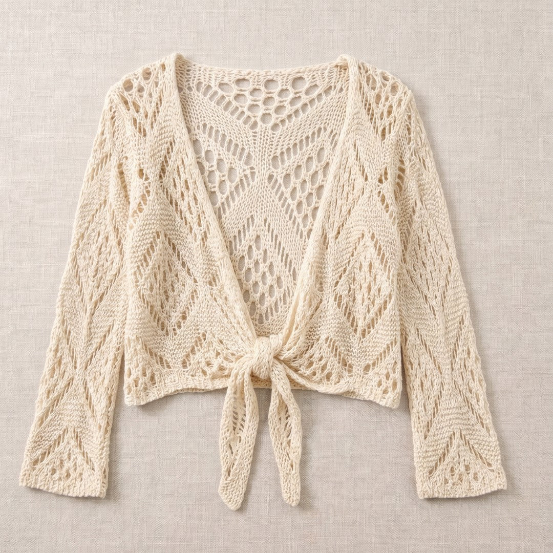 Cream crochet tie-front shrug