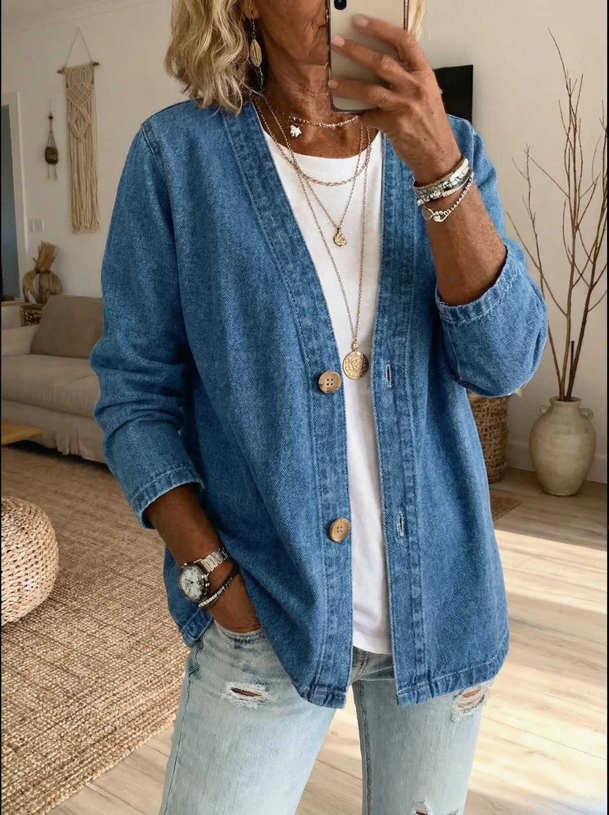 Blue denim button-down cardigan