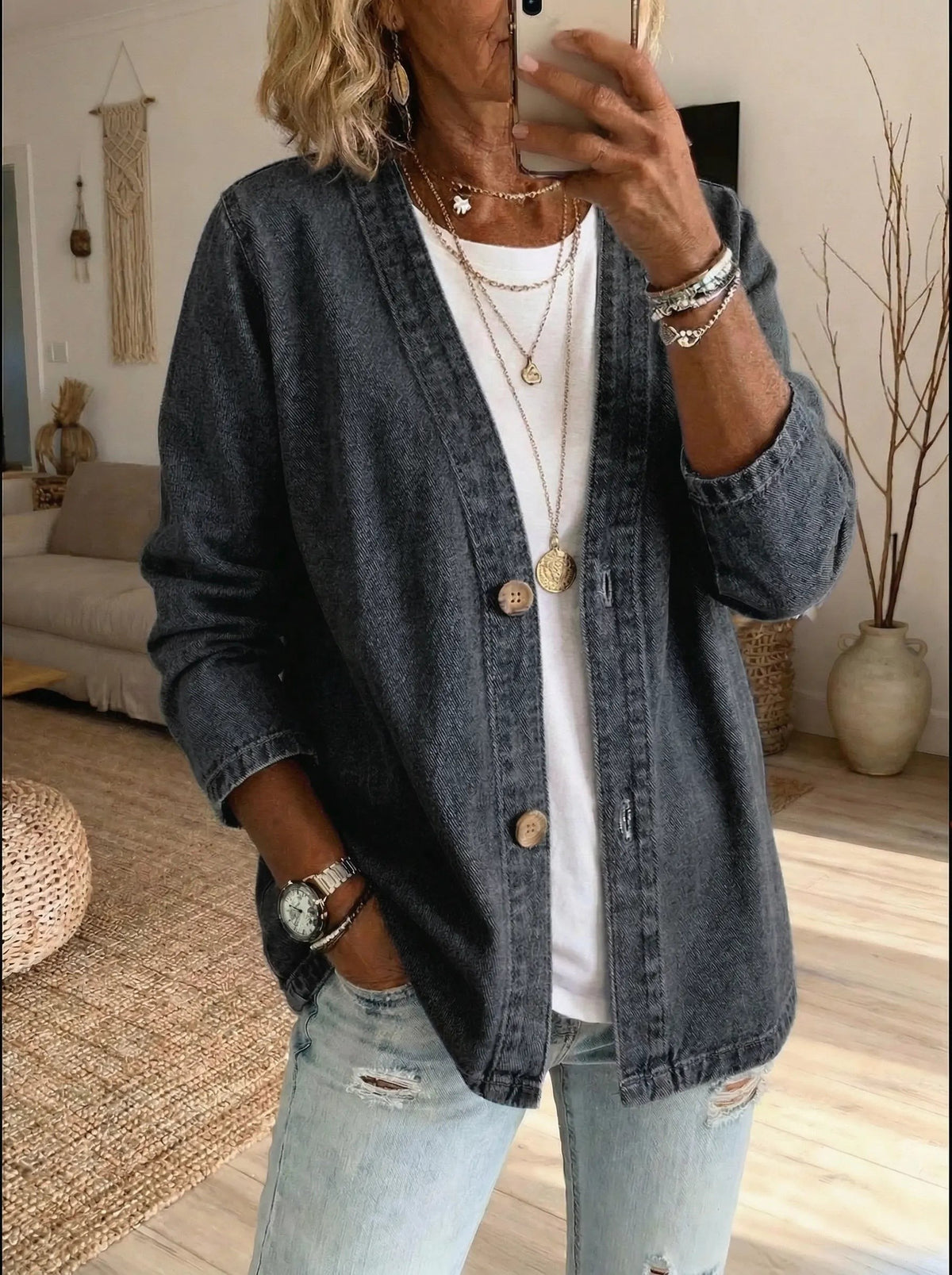 Black denim button-down cardigan