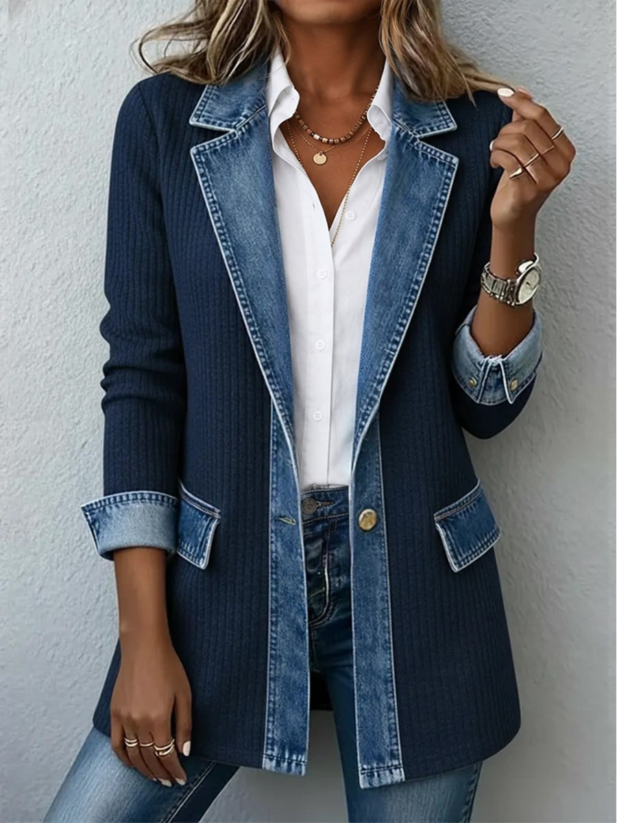 Navy denim trim knit blazer