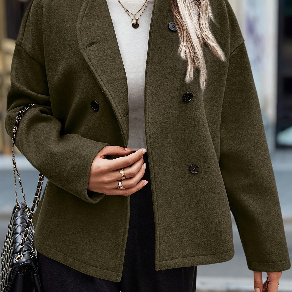 Dark Green double-breasted stand-collar pea coat
