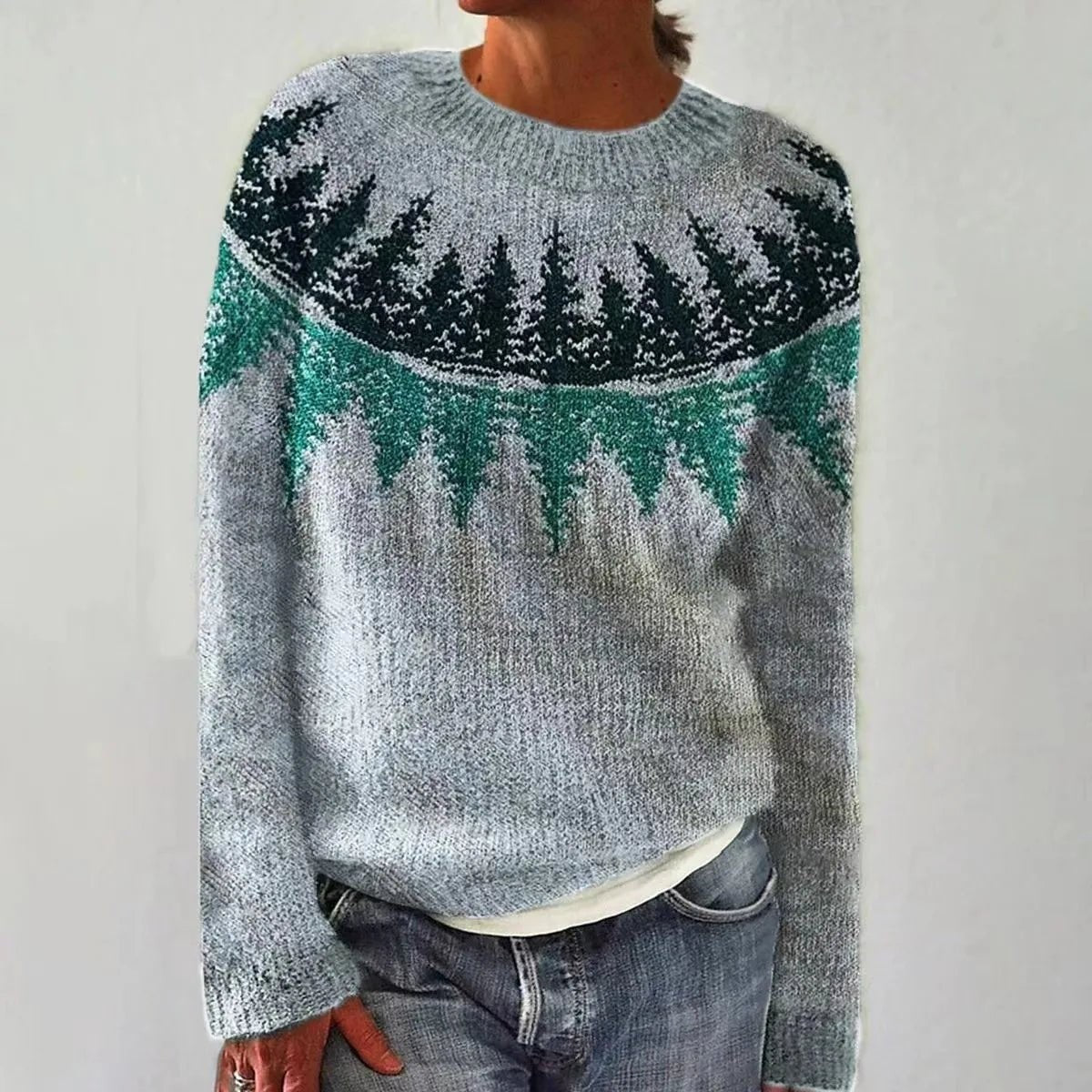 LightBlue/Tree fair isle boat neck jumper