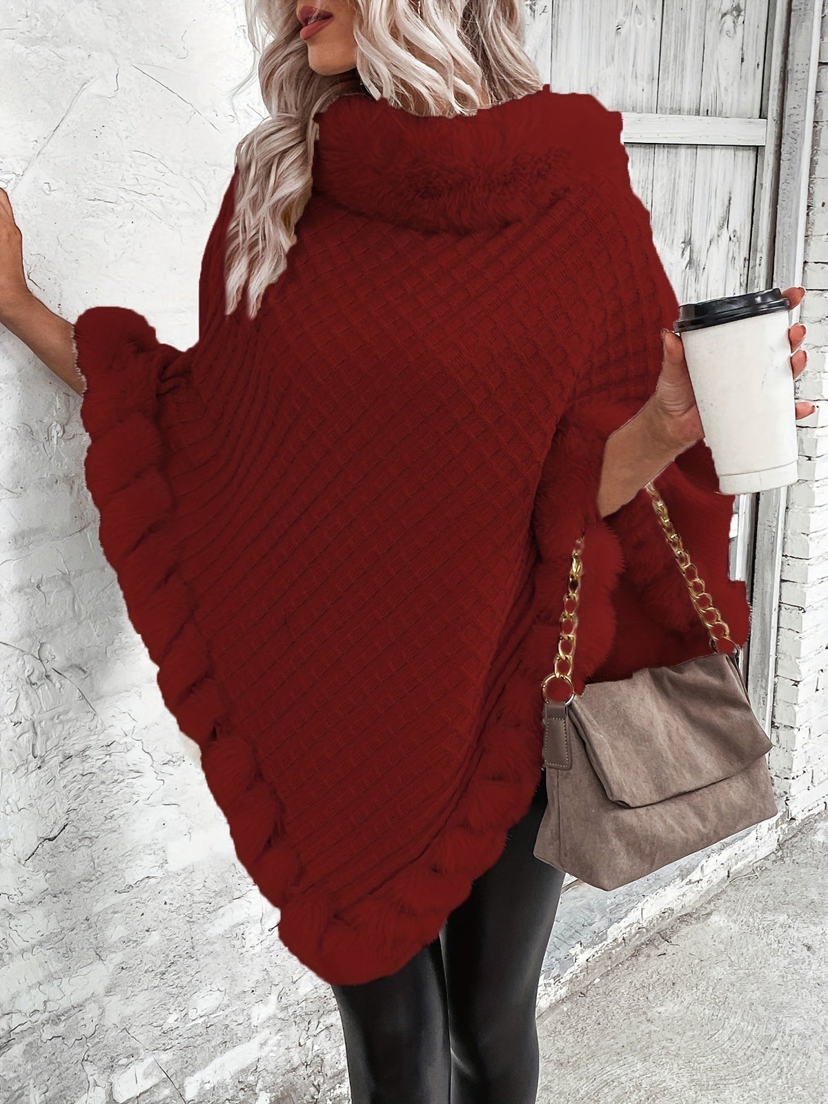 Faux-fur trim knit poncho