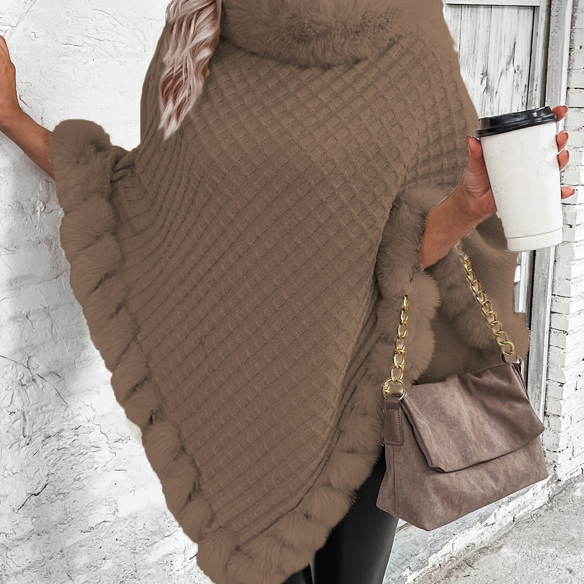 Khaki faux-fur trim knit poncho