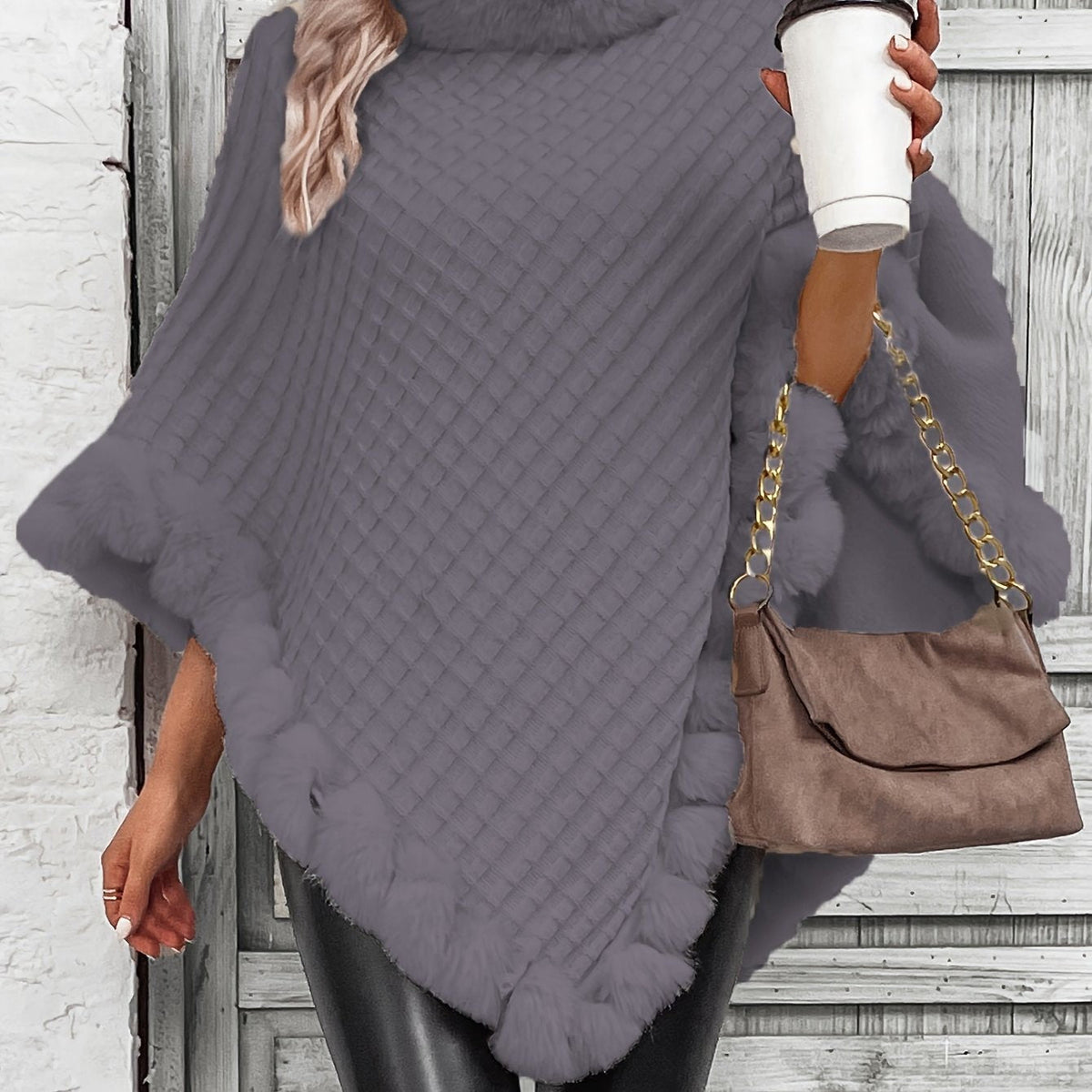 Gray faux-fur trim knit poncho