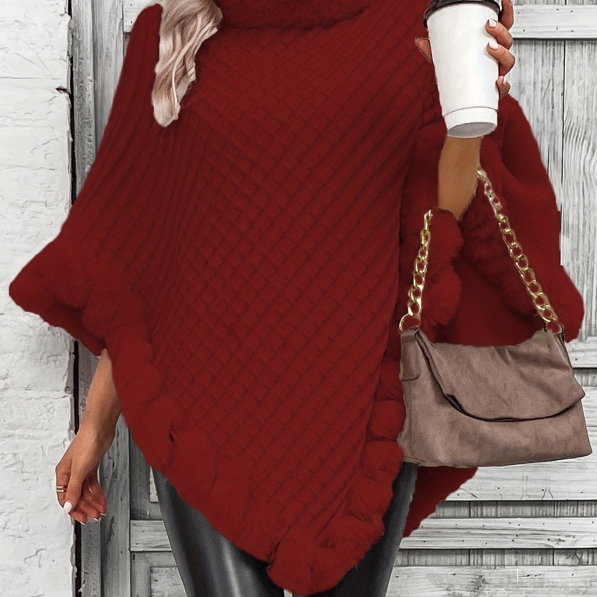 Crimson faux-fur trim knit poncho