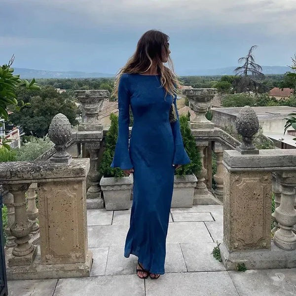 Flared cuff linen blend maxi dress