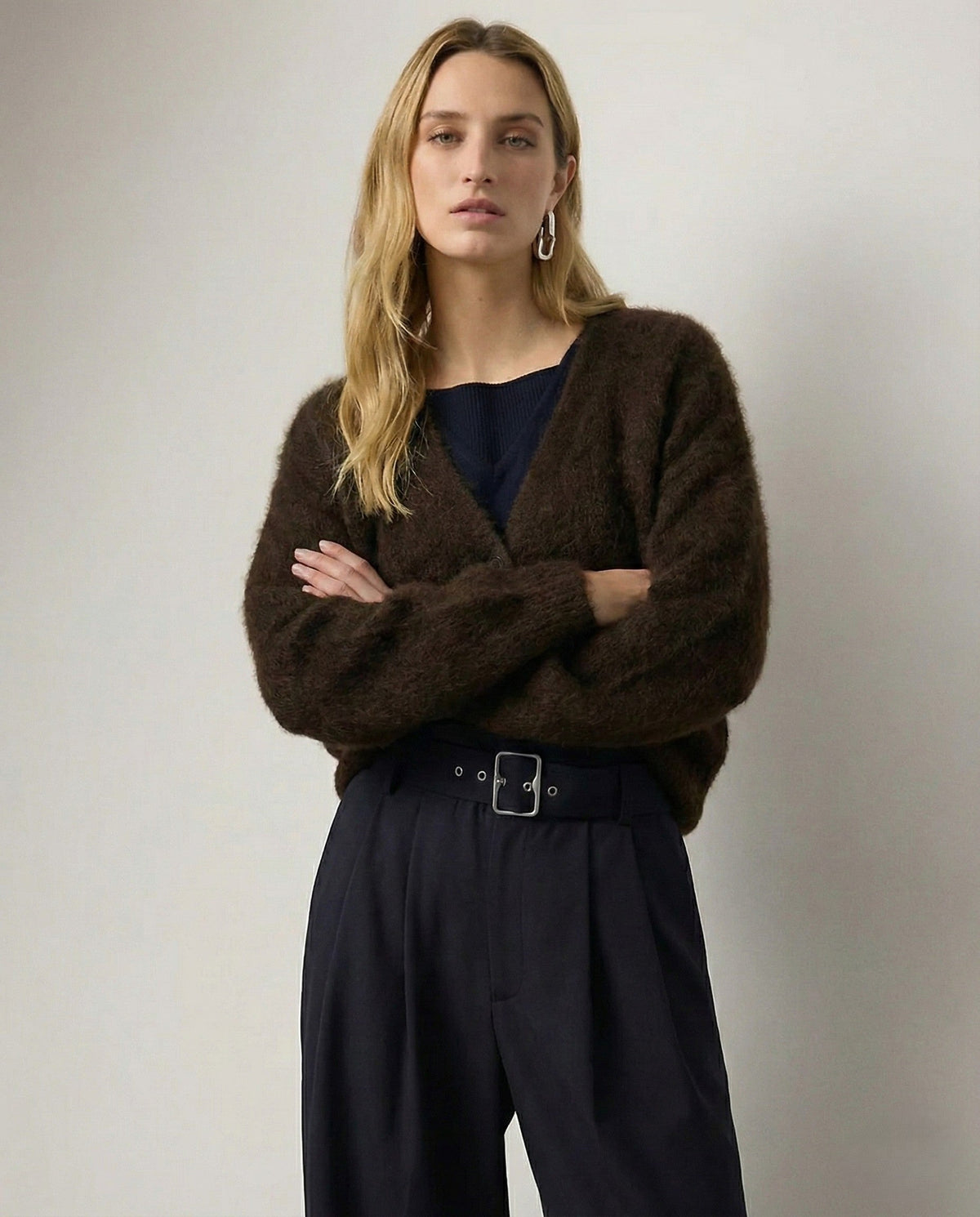 Brown Fur fluffy v-neck button cardigan