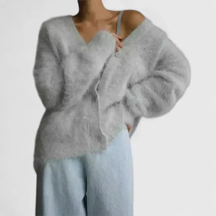 Light Gray fuzzy v-neck cardigan