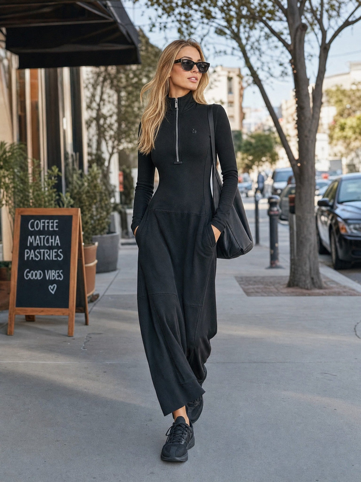 Half-zip high neck maxi dress