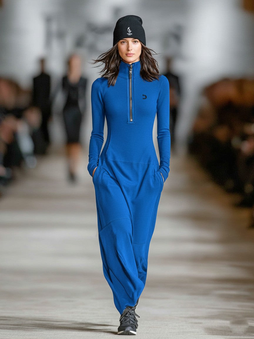 Royal Blue half-zip high neck maxi dress
