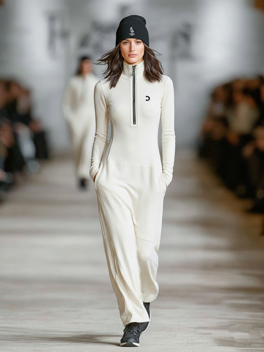 Ivory White half-zip high neck maxi dress