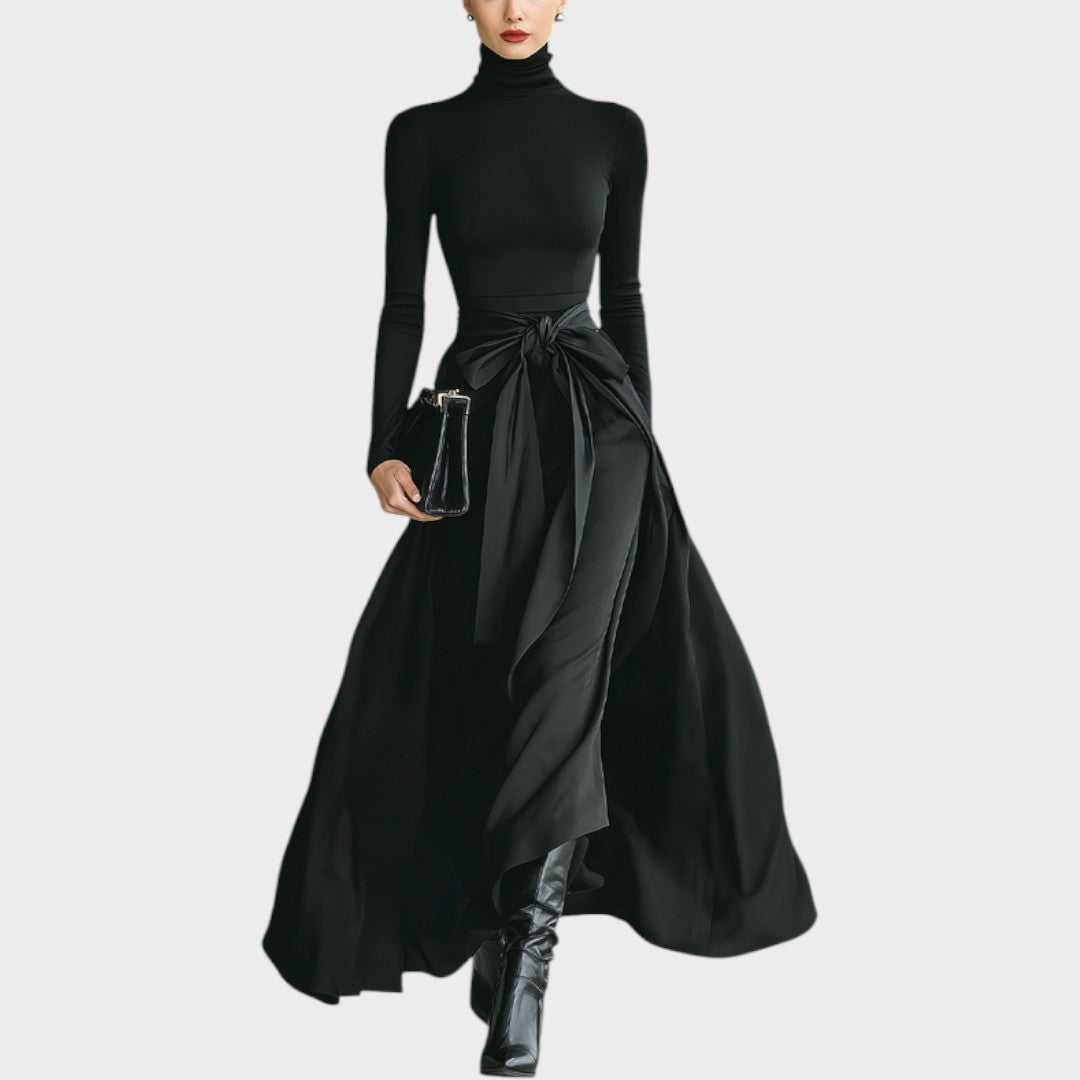 Black high-neck knit and satin maxi dress