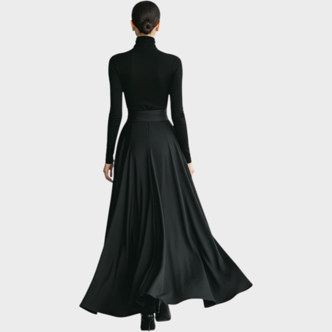 High-neck knit and satin maxi dress