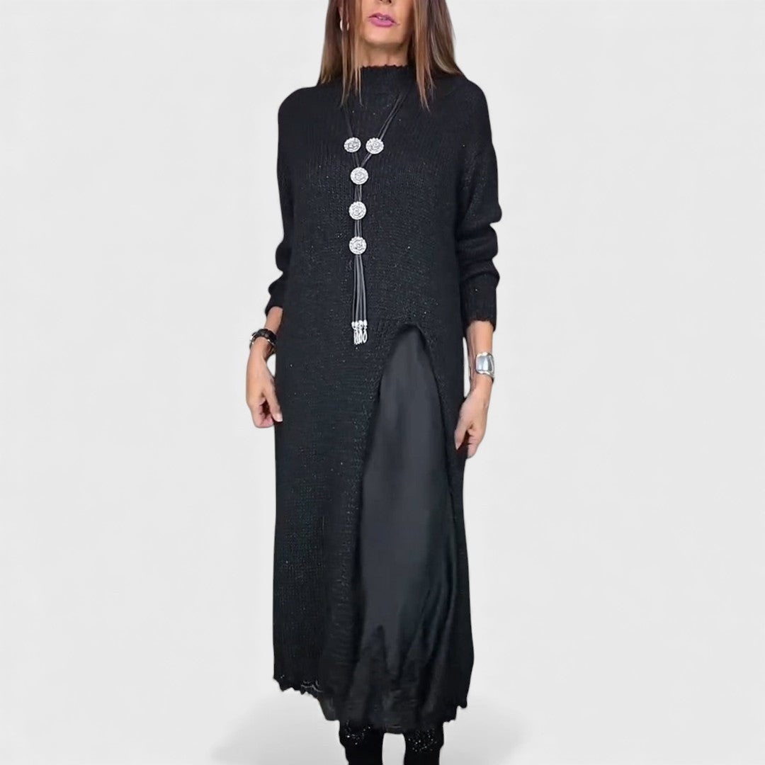 Black high-neck split-front knit maxi dress