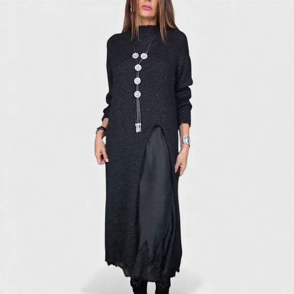 Black high-neck split-front knit maxi dress