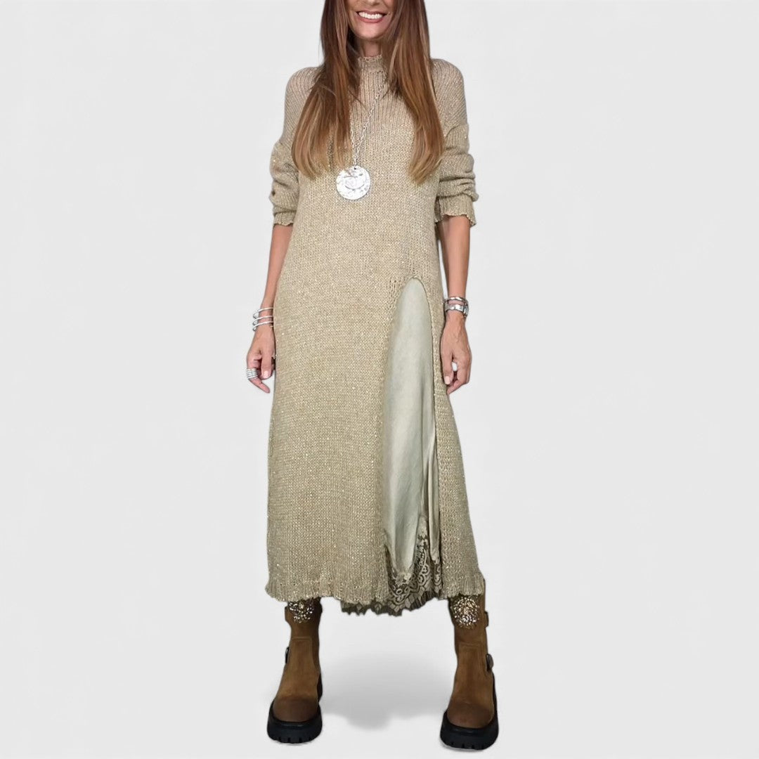 Beige high-neck split-front knit maxi dress