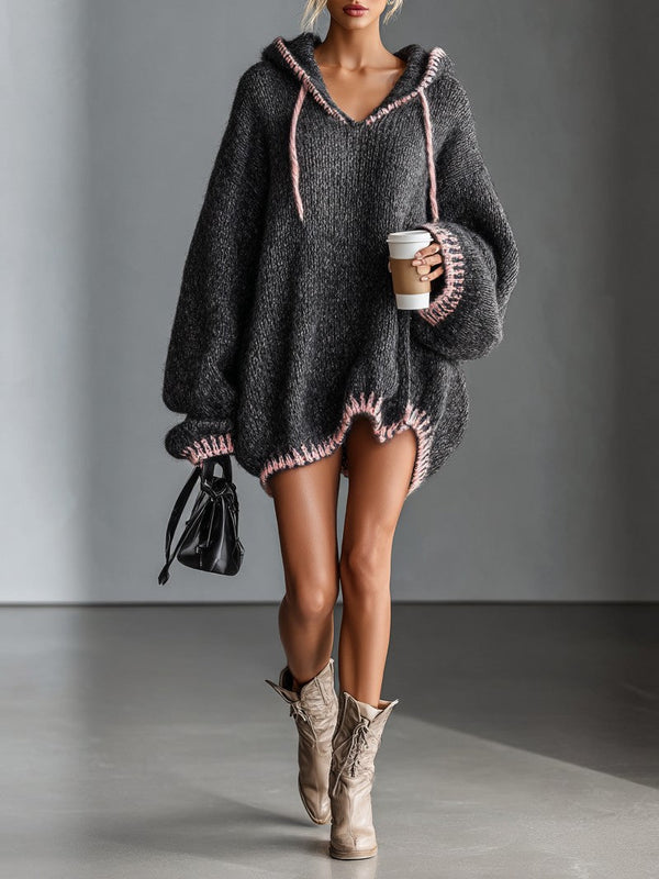 Hooded chunky knit mini dress