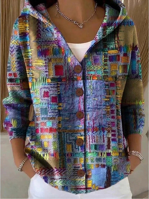 Purple hooded printed button cardigan