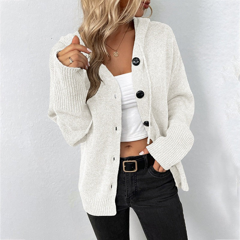 White hooded ribbed button cardigan