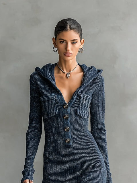 Hooded ribbed knit maxi dress