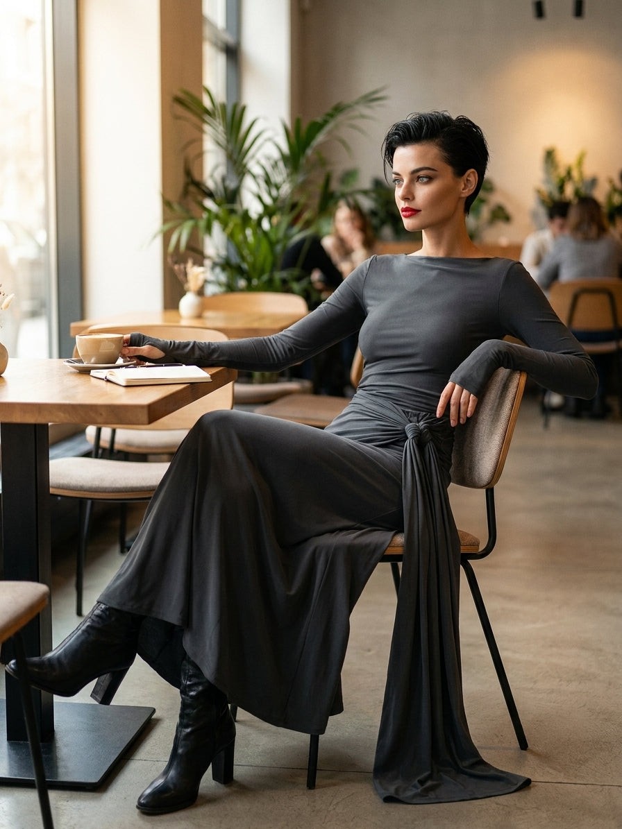 Knotted wrap knit maxi dress