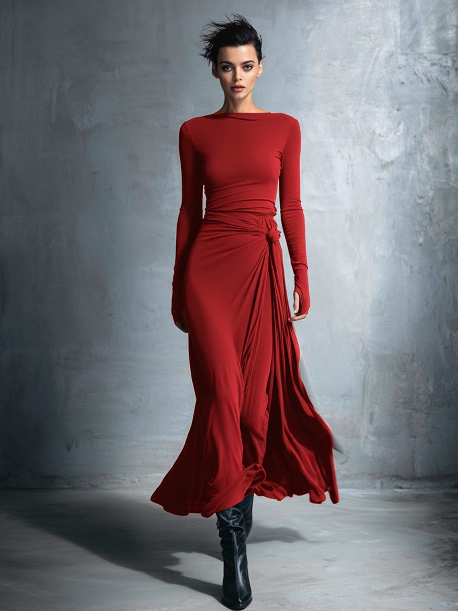 Burgundy knotted wrap knit maxi dress