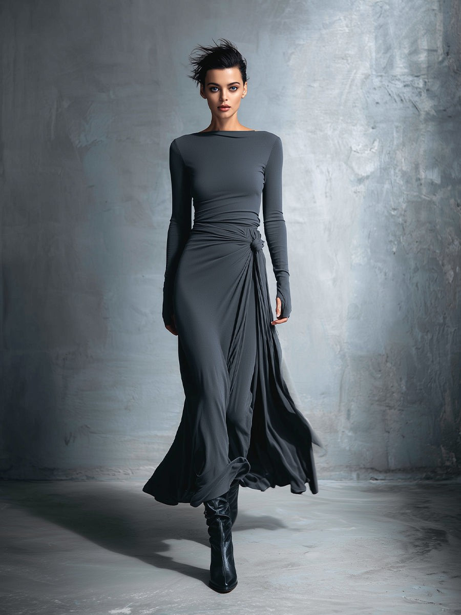 Knotted wrap knit maxi dress