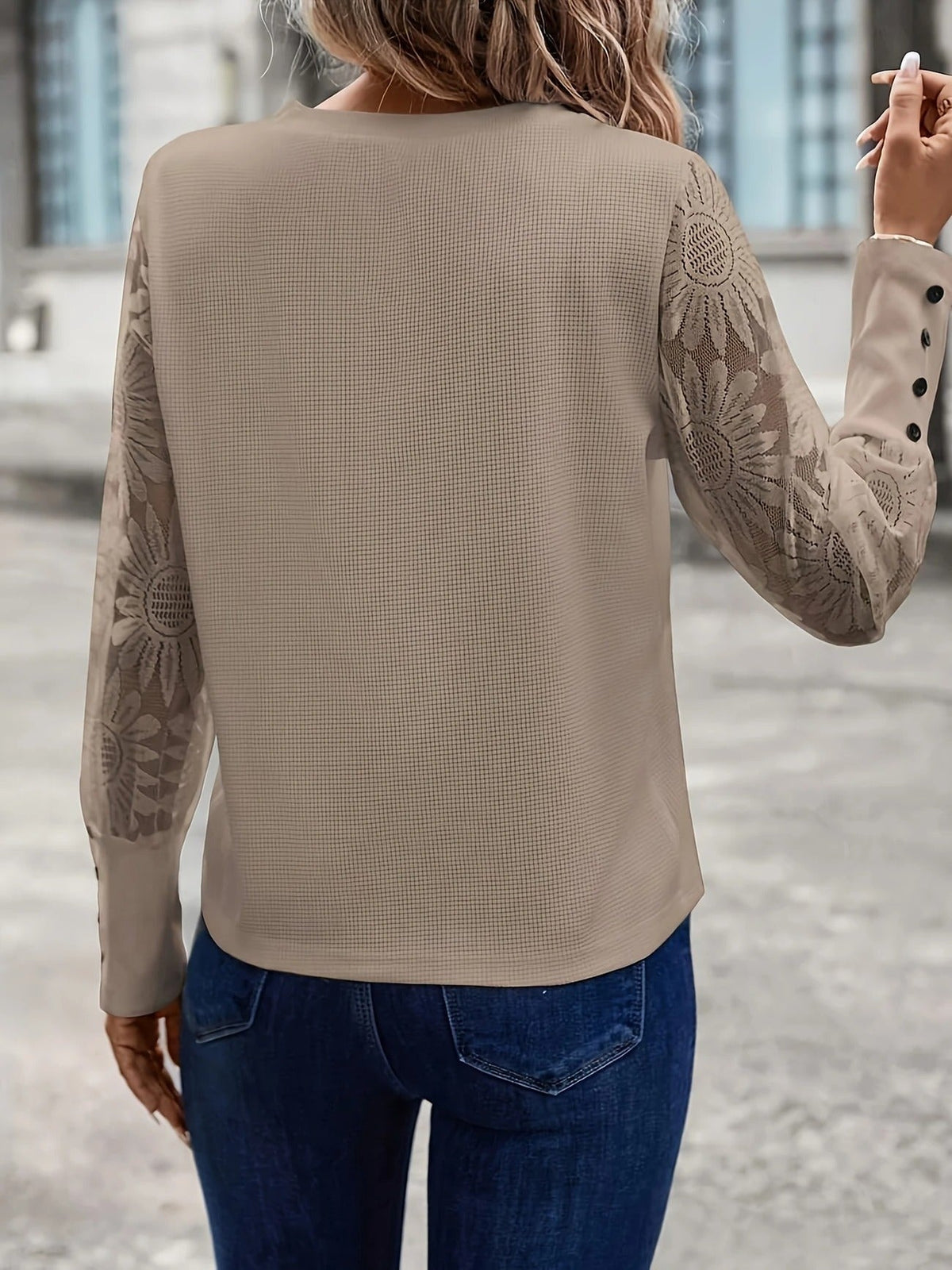 Lace sleeve waffle knit top