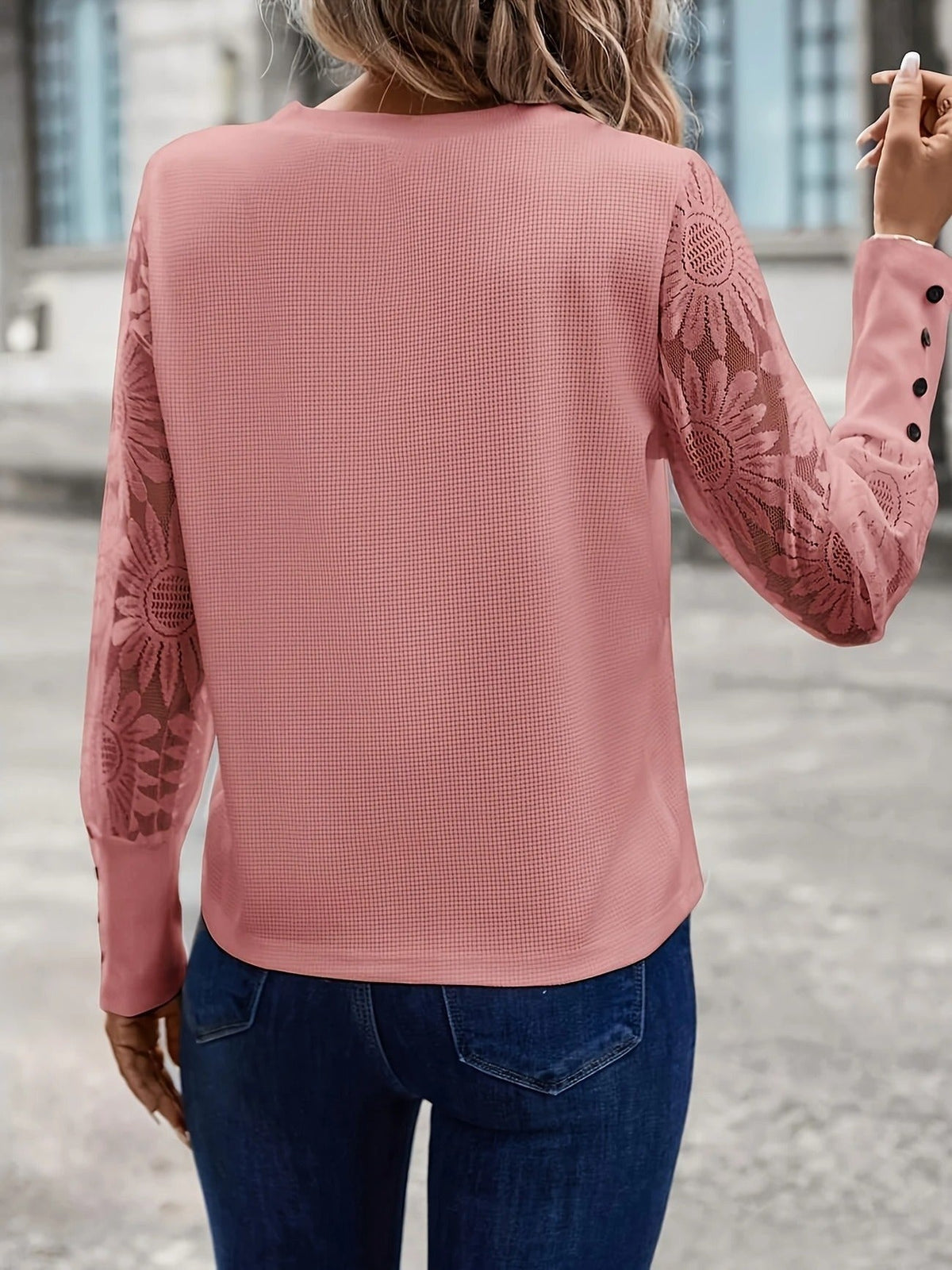 Lace sleeve waffle knit top