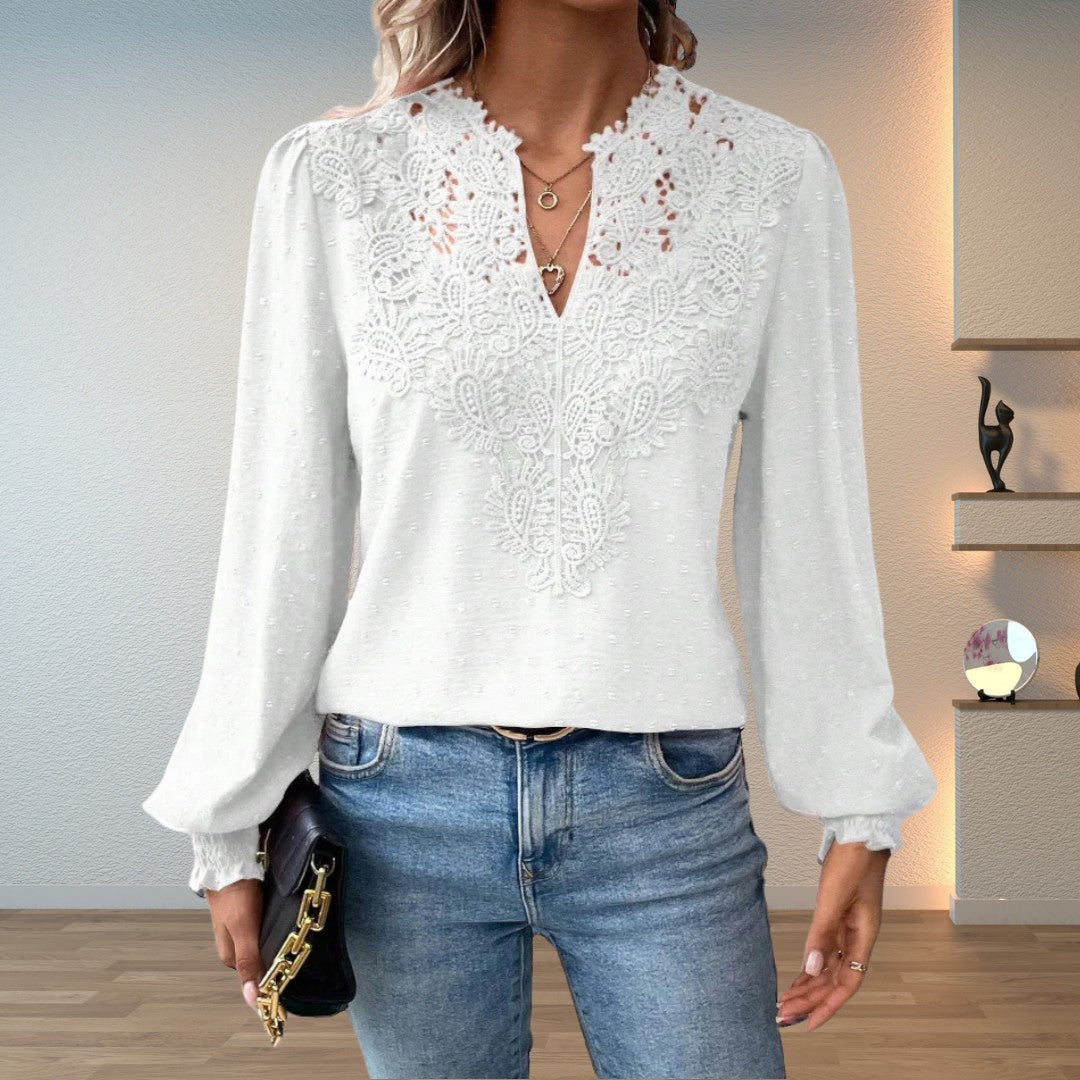 White lace-trim swiss-dot blouse