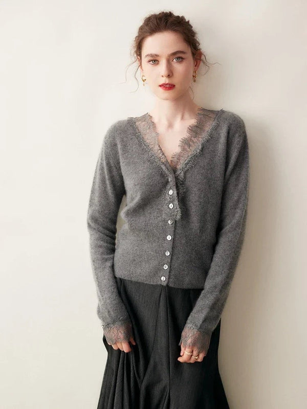 Gray lace-trim v-neck cardigan