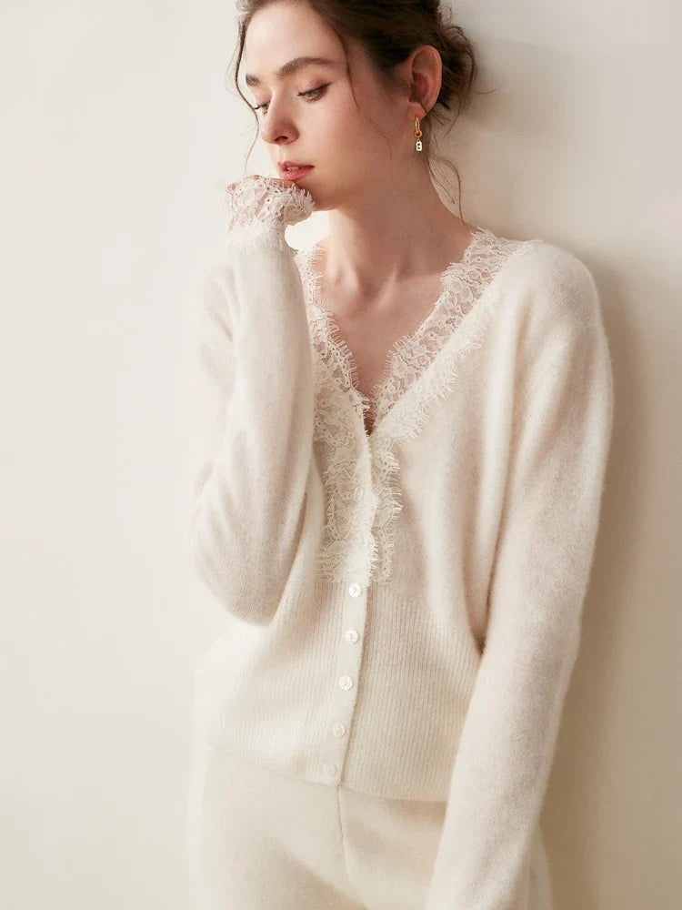 Lace-trim v-neck cardigan