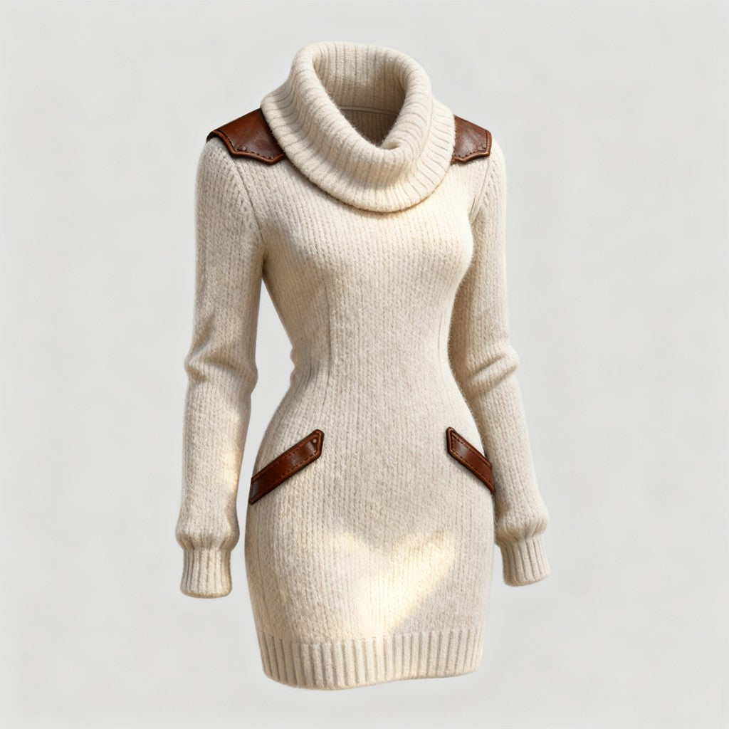 Leather-trim cowl neck jumper dress