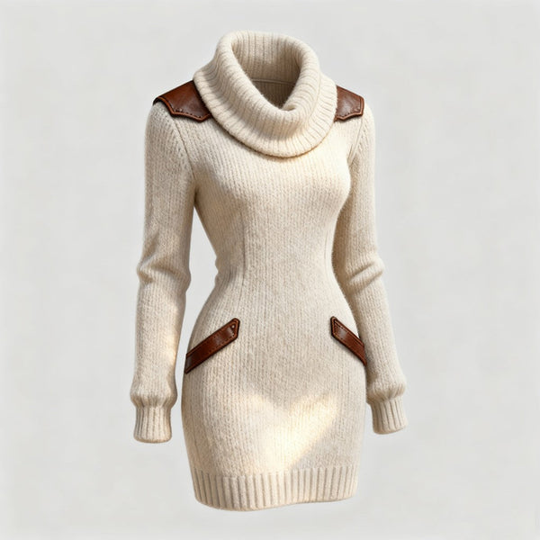 Leather-trim cowl neck jumper dress