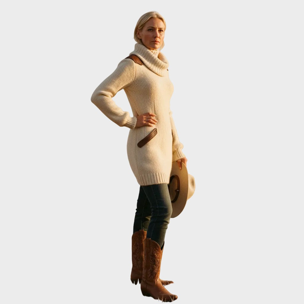 Leather-trim cowl neck jumper dress